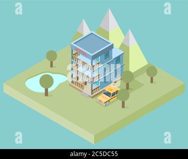 Hotel booking 3d isometric design concept. Vector illustration for web banners and website infographics. Stock Vector