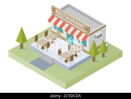 Flat isometric restaurant building with tables and chairs isolated on white background, vector illustration. Food delivery. 3D design elements for con Stock Vector