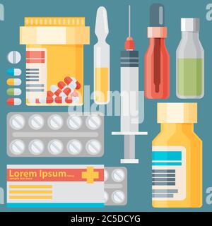 medicine and drugs icons set with long shadows. flat style vector illustration Stock Vector