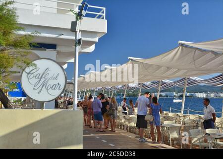 IBIZA, SPAIN - JULY 12, 2017: Cafe del Mar in San Antonio de Portmany on Ibiza island. It is a famous seaside bar with the best views of sunset with l Stock Photo