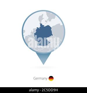 Map pin with detailed map of Germany and neighboring countries. Stock Vector