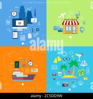 Summer vacation plan abstract vector background with flat icons Stock Vector