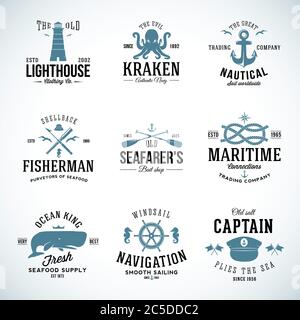 Set of Vintage Nautical Labels and Signs With Retro Typography Anchors Steering Wheel Knots Seagulls Wale Stock Vector