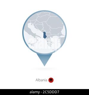 Map pin with detailed map of Albania and neighboring countries. Stock Vector