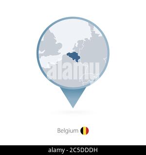 Map pin with detailed map of Belgium and neighboring countries. Stock Vector