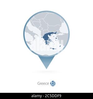 Map pin with detailed map of Greece and neighboring countries. Stock Vector