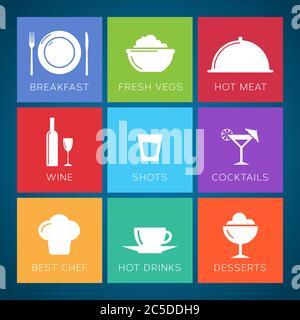 Bar and restaurant flat style vector icon set. Stock Vector