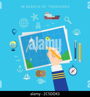 Travel for sea treasures flat style vector icon set Stock Vector
