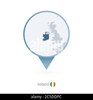 Map pin with detailed map of Ireland and neighboring countries. Stock Vector