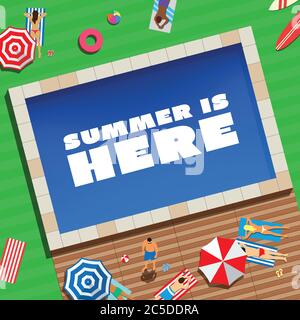 Summer is Here Abstract Vector Background or Card People Near a Pool on Green Grass in the Sun Stock Vector