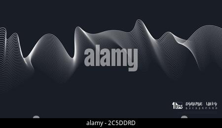 The abstract fluid design of wavy dynamic white line on dark blue background. Decorate for ad, poster, artwork, template design, print. illustration Stock Vector