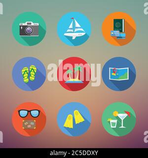 Vacation or Travelling Flat Style Vector Icon Set With Long Shadows on Abstract Background Stock Vector