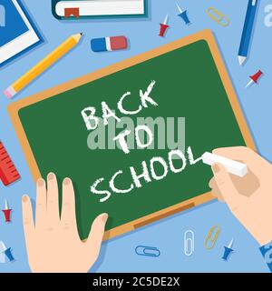 Back to School Flat Style Blackboard Vector Background With Chalk Pins Clips Pen Pencil and Books Stock Vector
