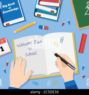Back to School Flat Style Vector Background With Books Pencils Pen and Other Stationary Stock Vector