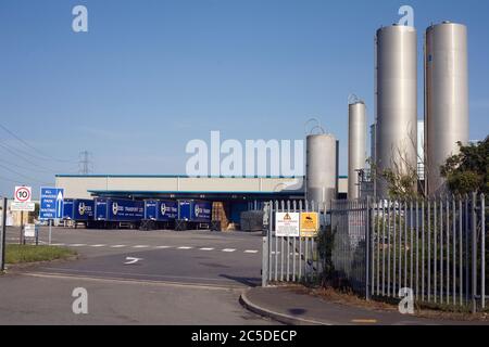 RPC Tedeco Gizeh, makers of plastic cups, factory at Kenfig industrial estate with Hicks transport lorries Stock Photo