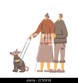 Blind person with his seeing eye dog. Couple walking. Man helping her wife. Vector illustration Stock Vector