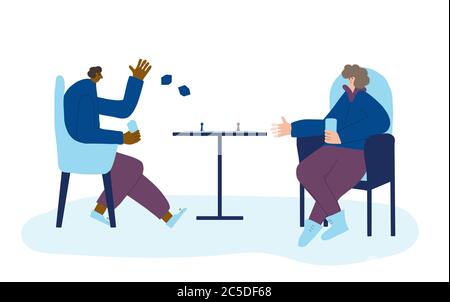 Board games concept. Male persons sitting in the chair and playing table game. Friends spending time together. Staycation idea for couple. Two men hol Stock Vector
