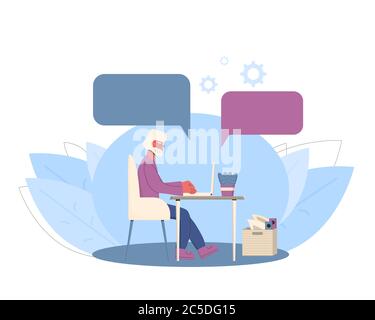 Senior man have online job interview. Mature character at the computer talking with manager. Vector color illustration. Stock Vector