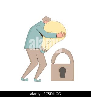 Intellectual property rights. Copyright sing. Avoid plagiarism and infringement of copyright. Vector male character hugging with creative new idea iso Stock Vector