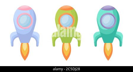 Collection of cute cartoon baby's rockets isolated on white background. Set of rockets of different colors for design of kid's rooms clothing textiles Stock Vector