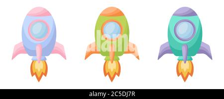 Collection of cute cartoon baby's rockets isolated on white background. Set of rockets of different colors for design of kid's rooms clothing textiles Stock Vector