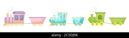 Collection of cute cartoon baby's trains isolated on white background. Set of different models of trains for design of kid's rooms clothing textiles Stock Vector