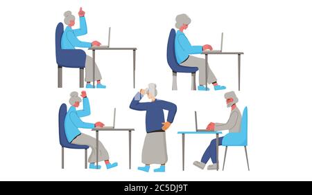 Senior people spend time using laptop. Mature men an women at the computer isolated on white background. Vector color illustration. Stock Vector