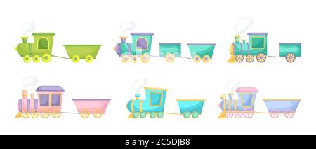 Collection of cute cartoon baby's trains isolated on white background. Set of different models of trains for design of kid's rooms clothing textiles Stock Vector