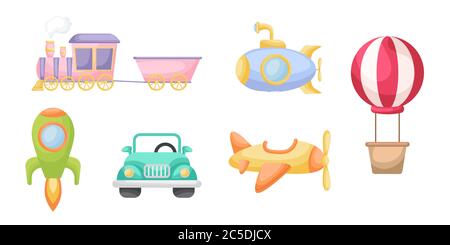 Collection of cute cartoon transport for boys isolated on white background. Set of transportation theme for design of kid's rooms clothing textiles Stock Vector