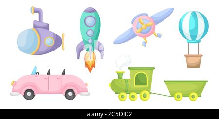 Collection of cute cartoon transport for boys isolated on white background. Set of transportation theme for design of kid's rooms clothing textiles Stock Vector