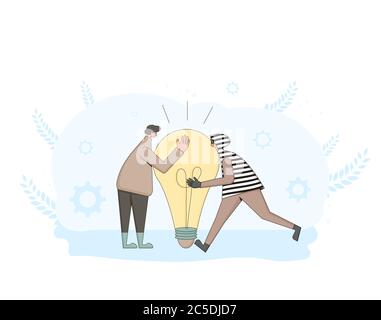 Intellectual property rights. Thief try to stole the idea and creator protecting it. Author and plagiarist are fighting for copyright. Vector characte Stock Vector