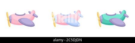 Collection of cute cartoon baby's planes isolated on white background. Set of planes of different colors for design of kid's rooms clothing textiles Stock Vector