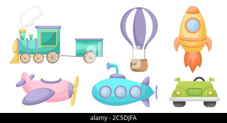 Collection of cute cartoon transport for boys isolated on white background. Set of transportation theme for design of kid's rooms clothing textiles Stock Vector