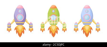 Collection of cute cartoon baby's rockets isolated on white background. Set of rockets of different colors for design of kid's rooms clothing textiles Stock Vector