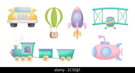 Collection of cute cartoon transport for boys isolated on white background. Set of transportation theme for design of kid's rooms clothing textiles Stock Vector