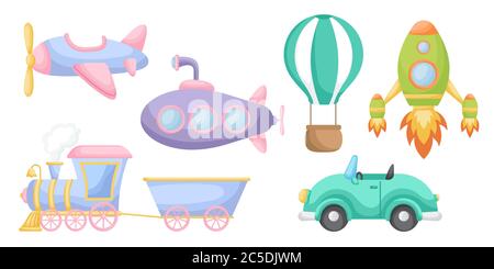 Collection of cute cartoon transport for boys isolated on white background. Set of transportation theme for design of kid's rooms clothing textiles Stock Vector