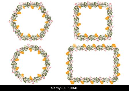 Set of invitation wreath with lilac, dandelion, fern and pink flowers. Celebrate birthday, wedding floral template. Vintage vector ornament. Stock Vector