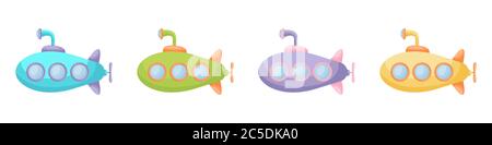Collection of cute cartoon baby's submarines isolated on white background. Set of submarines of different colors for design of kid's rooms clothing Stock Vector