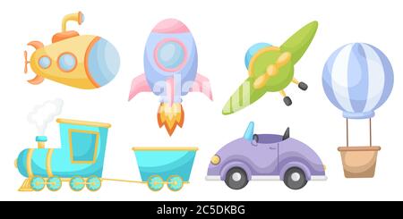 Collection of cute cartoon transport for boys isolated on white background. Set of transportation theme for design of kid's rooms clothing textiles Stock Vector