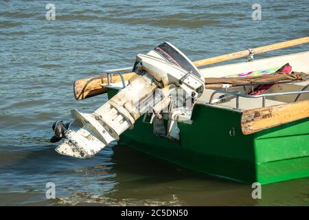 Motor engine outboard propeller equipment for motorboat. Power, transportation speed boating part on fishing boat. motorized Sailing machine turbine s Stock Photo