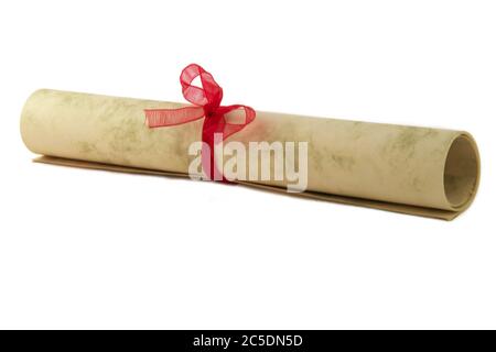 Certificate paper scroll isolated on white with bow. diploma or award document. Graduation, success achievement parchment with ribbon. College educati Stock Photo