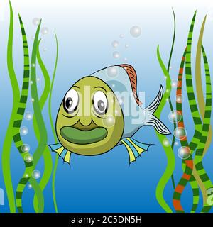 Cute cartoon tropical fish vector illustration. Ocean cartoon fish with bubbles of air and seaweed close to it under the water. Stock Vector