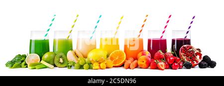 Assortment of fresh fruits and vegetables juices in rainbow colors isolated on white background Stock Photo