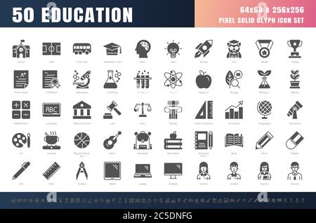 Vector of 50 Education and School Subject solid Glyph Icon Set. 64x64 and 256x256 Pixel. Stock Vector