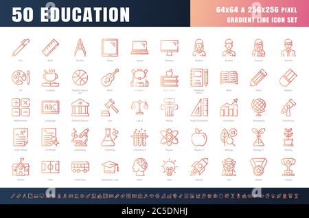 Vector of 50 Education and School Subject. Gradient Line Outline Icon Set. 64x64 and 256x256 Pixel Perfect. Expanded Stroke. Vector. Stock Vector