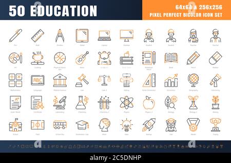 Vector of 50 Education and School Subject. Bicolor Line Outline Icon Set. 64x64 and 256x256 Pixel Perfect Editable Stroke. Vector. Stock Vector