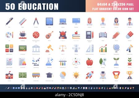 Vector of 50 Education and School Subject. Flat Gradient Color Icon Set. 64x64 and 256x256 Pixel. Vector. Stock Vector