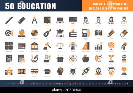 Vector of 50 Education and School Subject. Bicolor Solid Glyph Icon Set. 64x64 and 256x256 Pixel Perfect Editable Stroke. Vector. Stock Vector