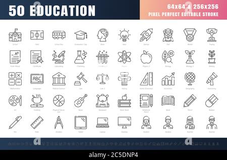 Vector of 50 Education and School Subject Line Outline Icon Set. 64x64 and 256x256 Pixel Perfect Editable Stroke. Vector. Stock Vector