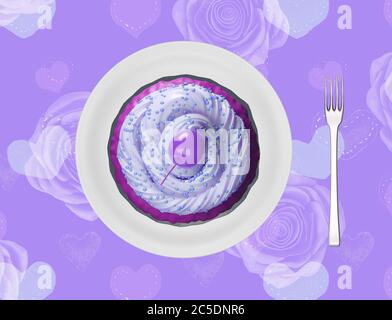 Delicious tasty cupcake with the purple icing on top and cherry, ready for kids party food, Mother's Day celebration. Cupcake on a plate, top view. 3d Stock Photo